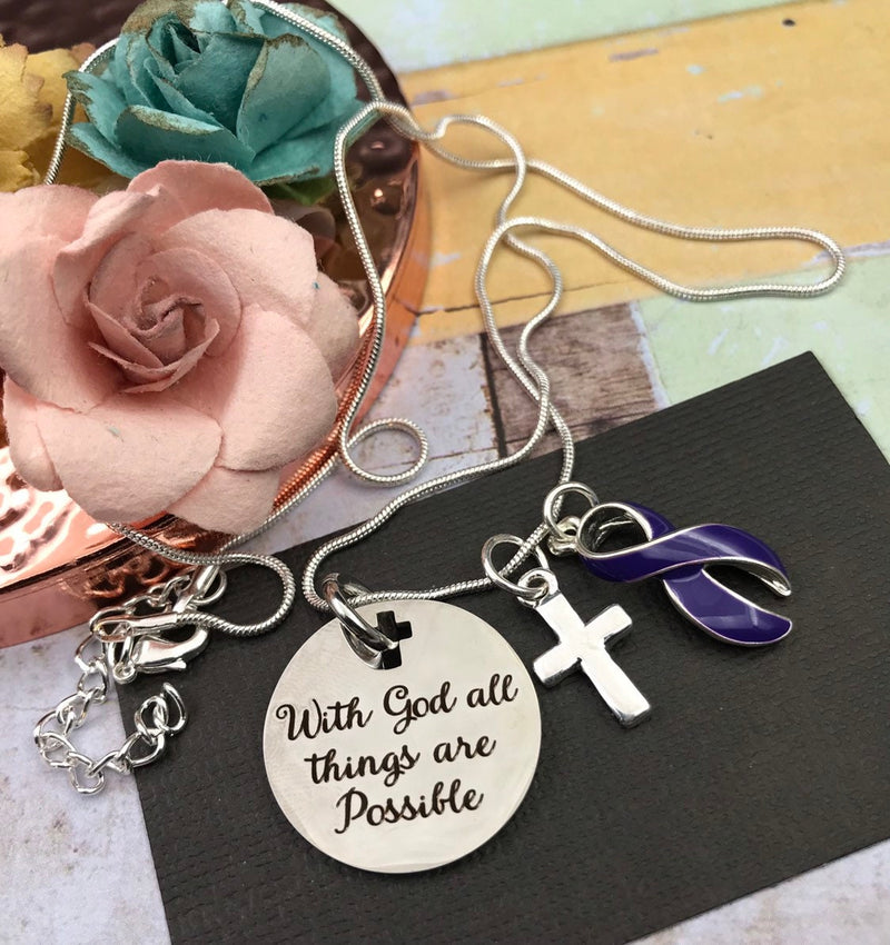 Violet Dark Purple Ribbon Necklace - With God All Things Possible - Rock Your Cause Jewelry