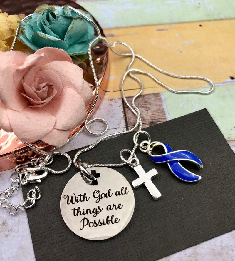 Periwinkle Ribbon Necklace - With God All Things are Possible - Survivor / Awareness Gift - Rock Your Cause Jewelry