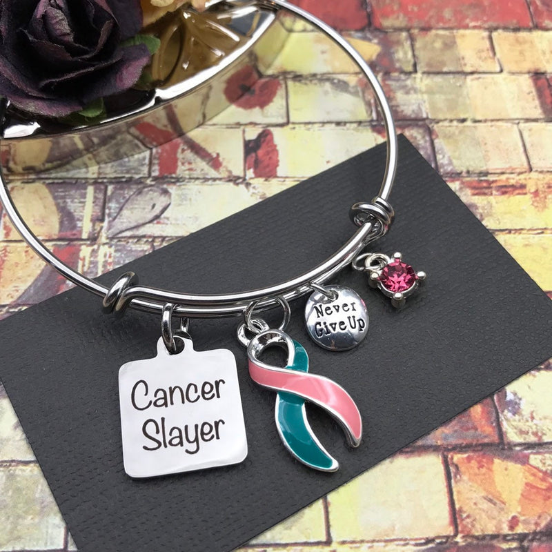Pink & Teal (Previvor) Ribbon Cancer Slayer Charm Bracelet - Rock Your Cause Jewelry