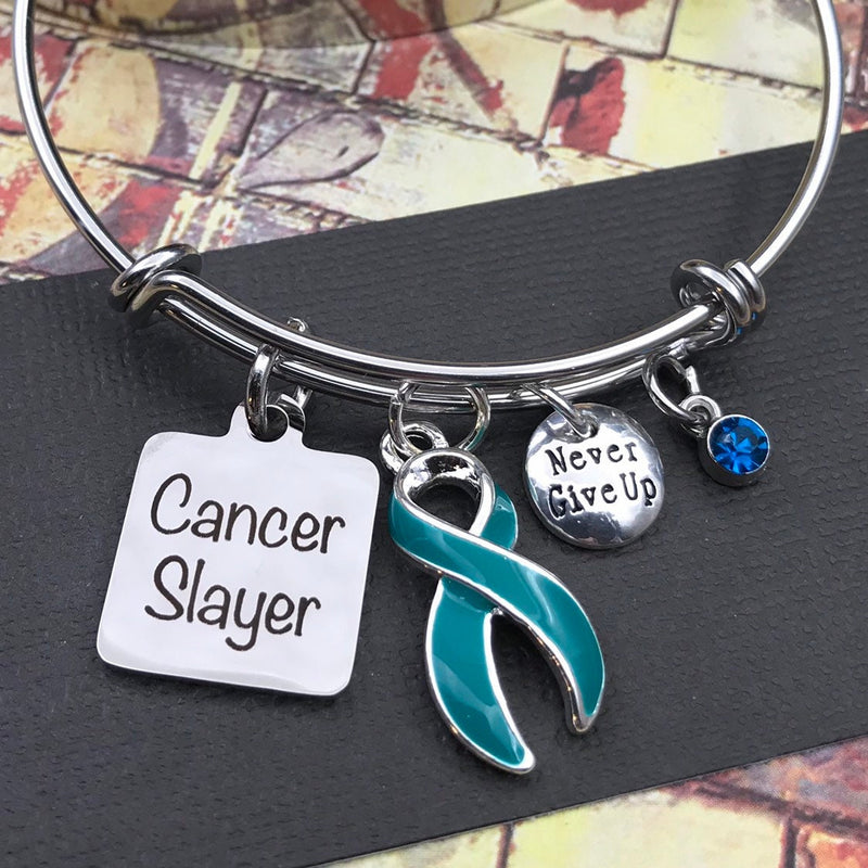 Teal Ribbon Cancer Slayer Charm Bracelet - Ovarian Cancer Survivor - Rock Your Cause Jewelry