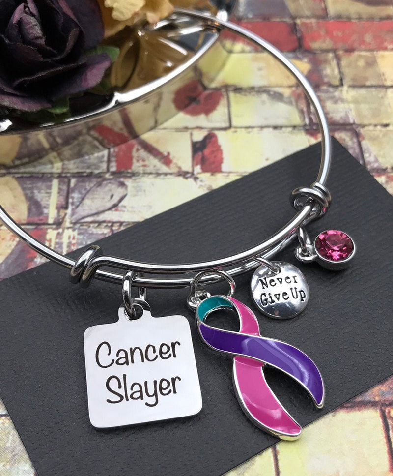 Pink Purple Teal (Thyroid) Ribbon Bracelet - Cancer Slayer - Rock Your Cause Jewelry