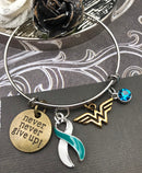 Teal & White Ribbon Hero Charm Bracelet - Never Never Give Up - Rock Your Cause Jewelry