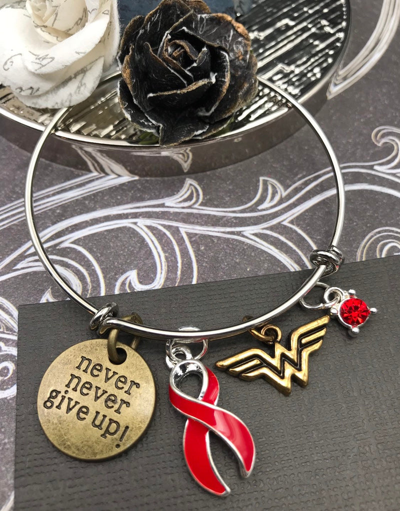 Red Ribbon Hero Charm Bracelet - Never Never Give Up - Rock Your Cause Jewelry