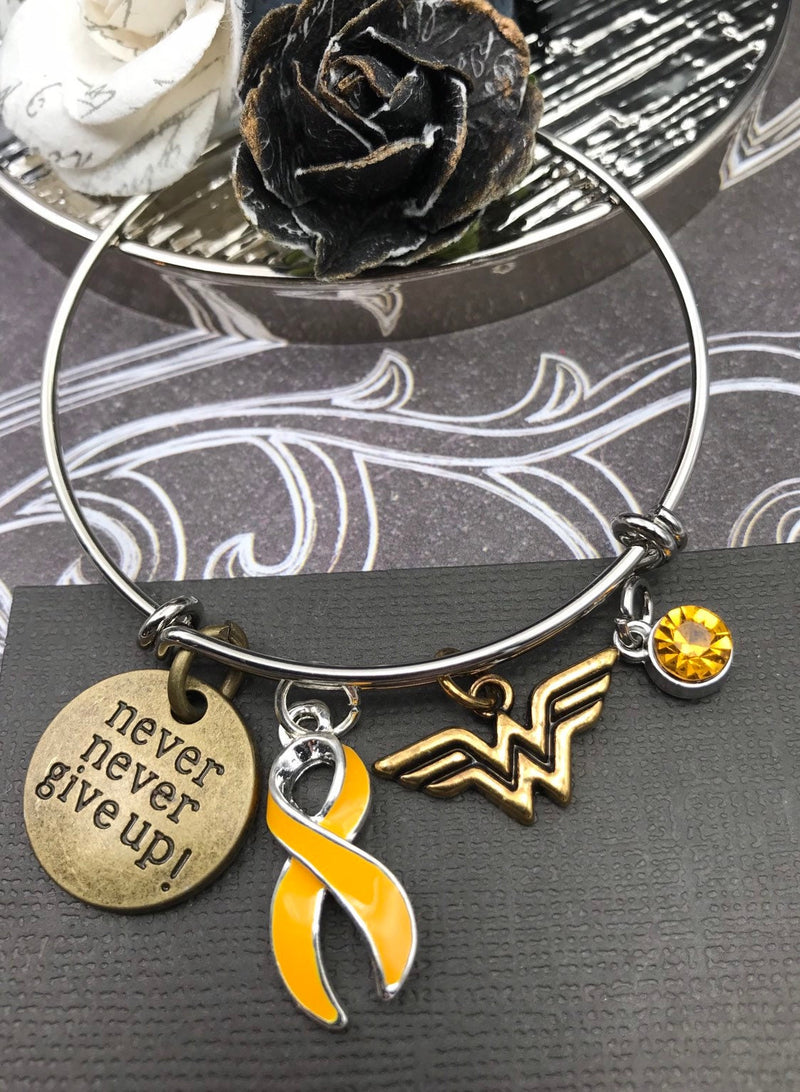 Gold Ribbon Hero Charm Bracelet - Never Never Give Up - Rock Your Cause Jewelry
