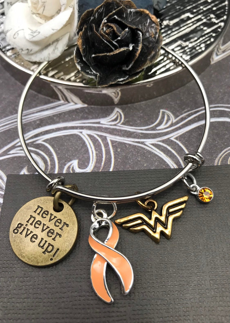 Peach Ribbon Hero Charm Bracelet - Never Never Give Up - Rock Your Cause Jewelry