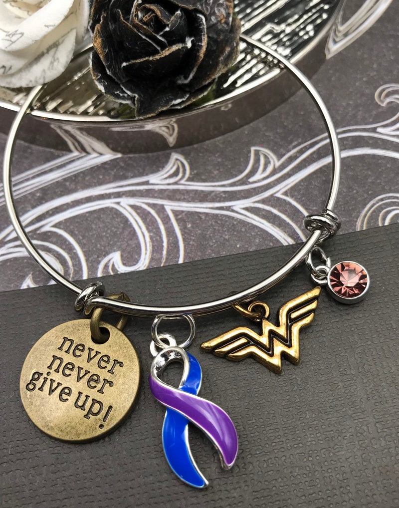 Blue & Purple Ribbon Hero Charm Bracelet - Never Never Give Up - Rock Your Cause Jewelry