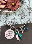 Teal & White Ribbon Charm Bracelet - Let Your Faith be Bigger than your Fear - Rock Your Cause Jewelry