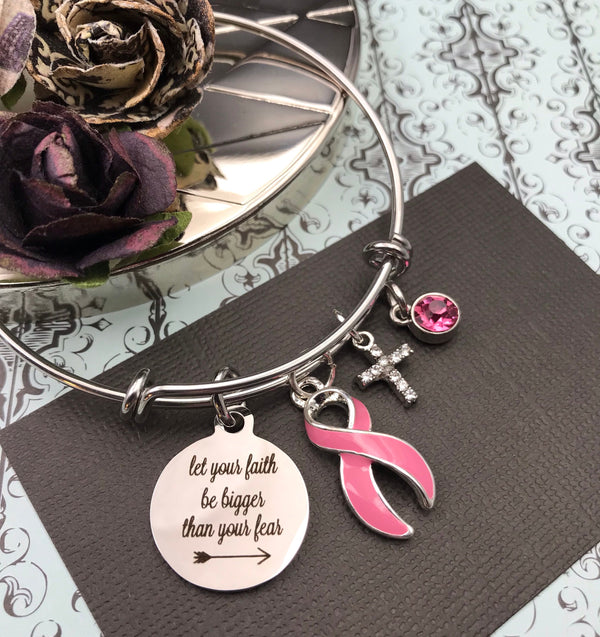 Pink Ribbon Charm Bracelet - Let Your Faith be Bigger than Fear - Rock Your Cause Jewelry