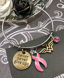 Pink Ribbon Charm Bracelet - Never Never Give Up / Hero / Breast Cancer Survivor - Rock Your Cause Jewelry