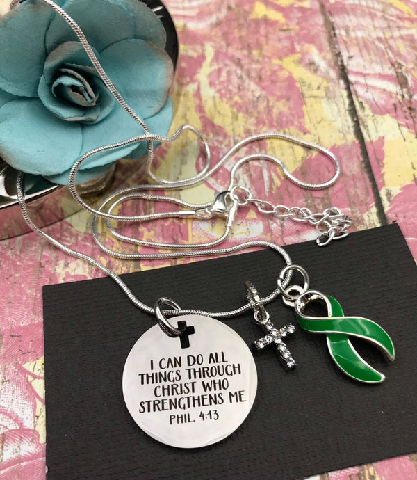 Green Ribbon Necklace - I Can Do All Through Christ Who Strengthens Me - Rock Your Cause Jewelry
