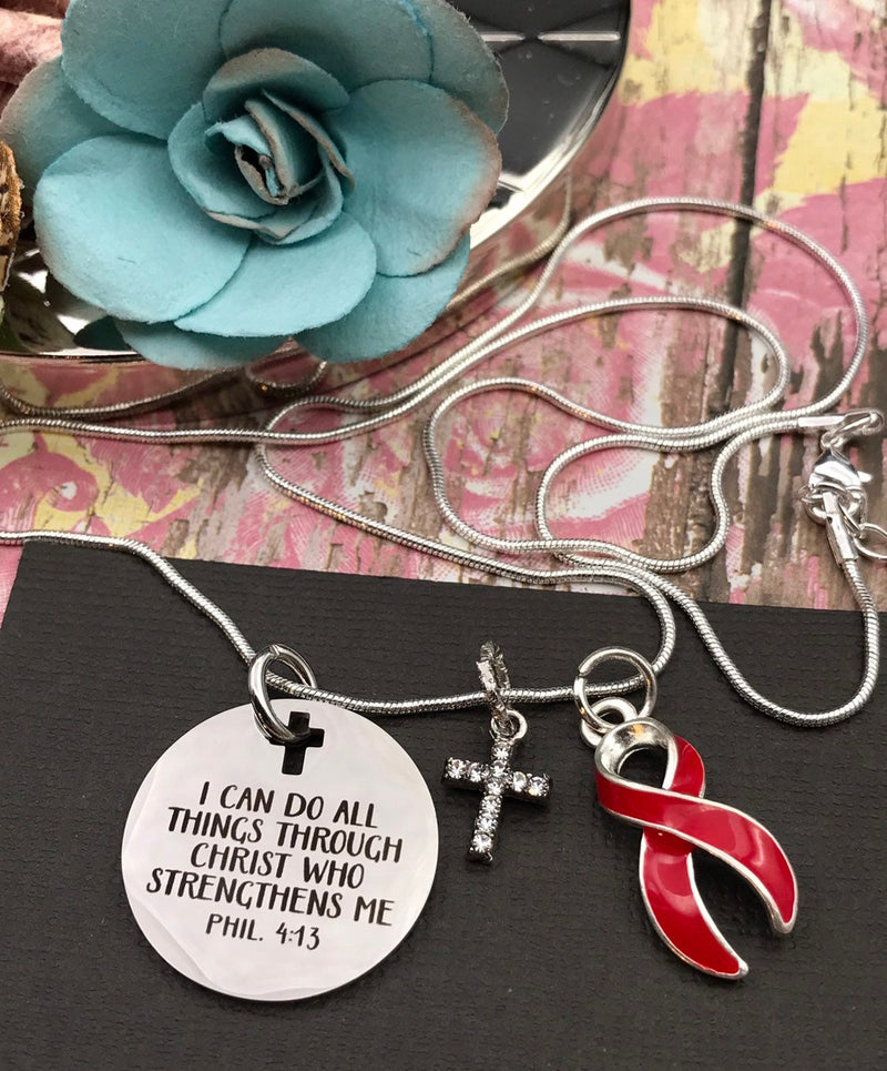 Red Ribbon Necklace - I Can Do All Things Through Christ Who Strengthens Me - Rock Your Cause Jewelry