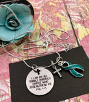 Teal Ribbon Necklace - I Can All Things Through Christ Who Strengthens Me - Rock Your Cause Jewelry