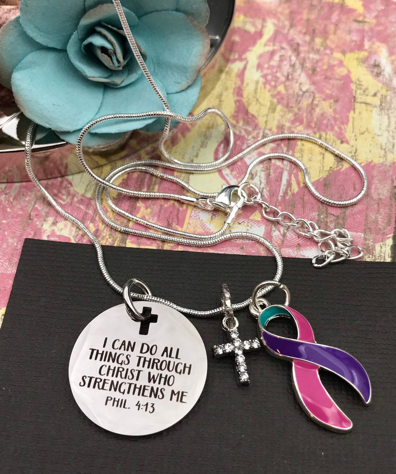Pink Purple Teal (Thyroid) Ribbon - I Can Do All Things Through Christ - Rock Your Cause Jewelry