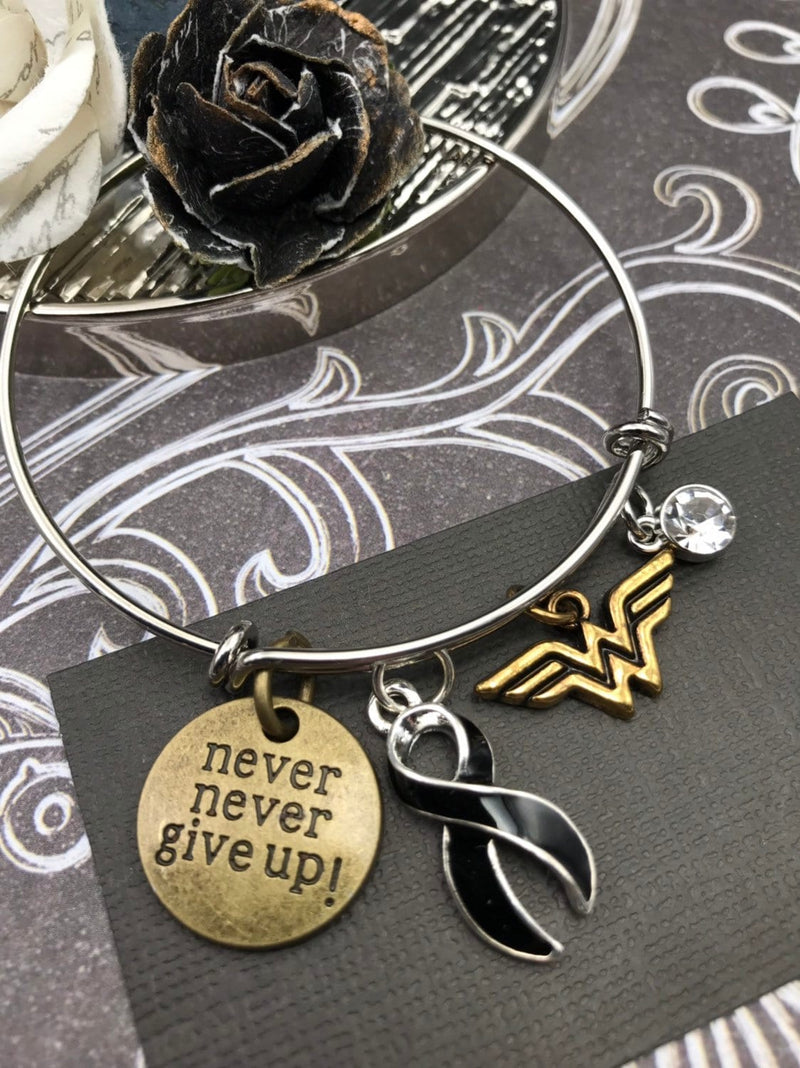 Black Ribbon Hero Charm Bracelet - Never Never Give Up - Rock Your Cause Jewelry