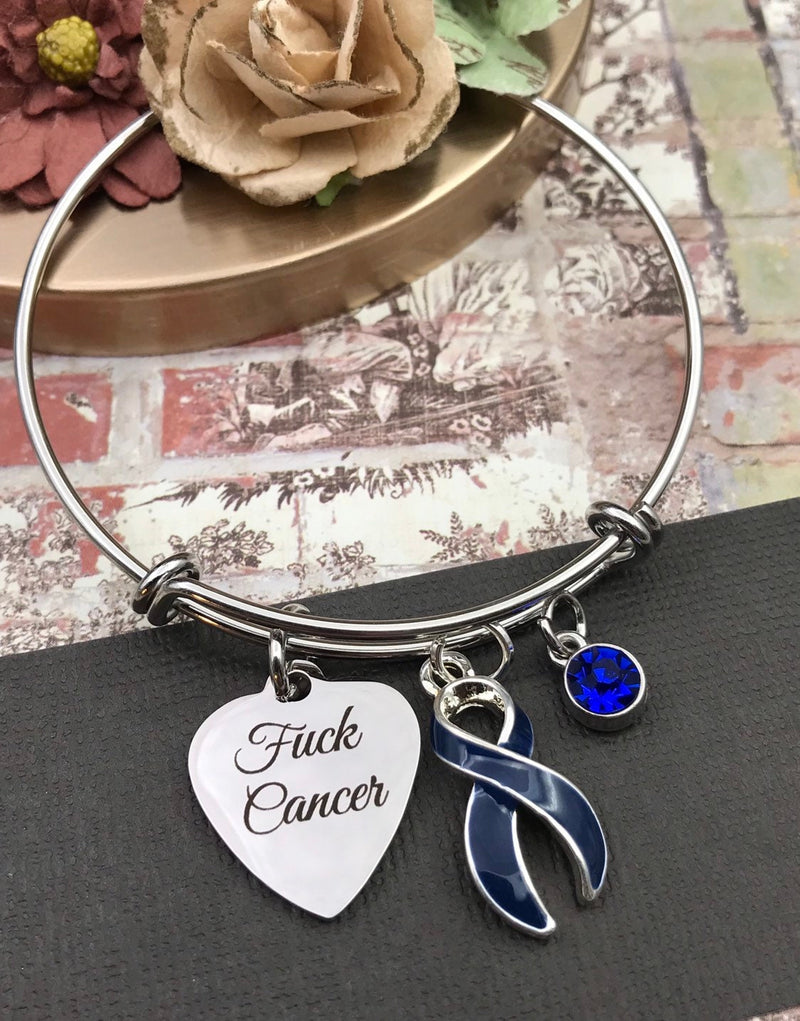 Dark Navy Blue Ribbon - Fu** Cancer Charm Bracelet - Rock Your Cause Jewelry