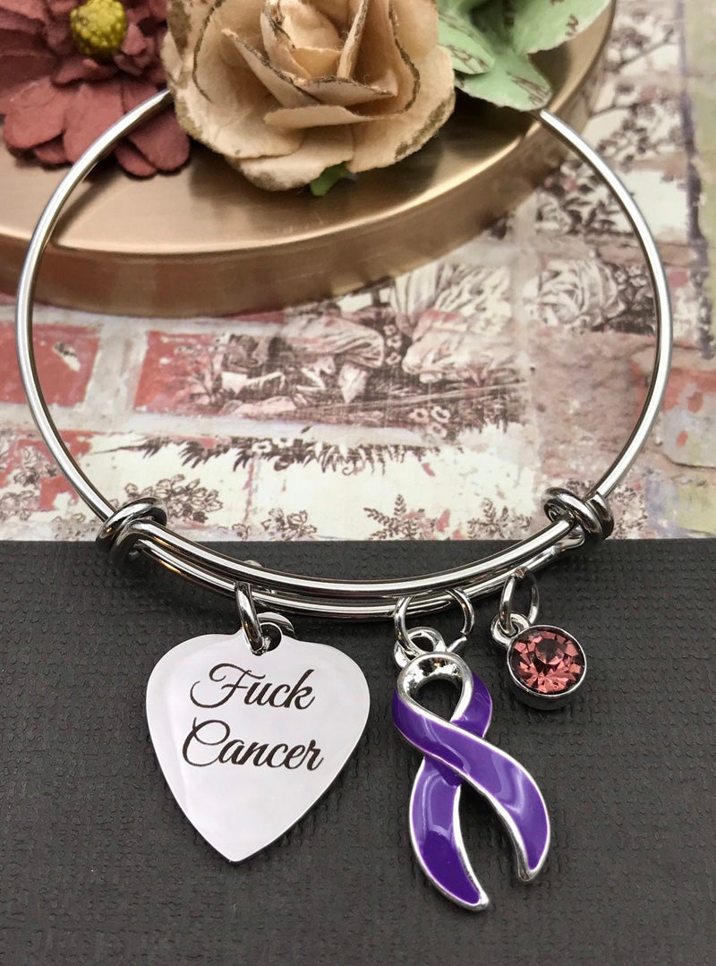 Purple Ribbon F*** Cancer Charm Bracelet - Expletive Screw Cancer - Rock Your Cause Jewelry