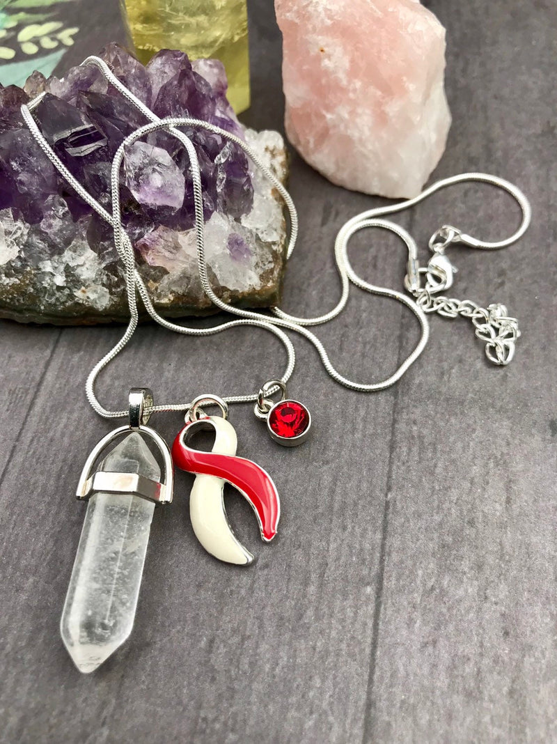 Red & White Ribbon Healing Crystal Quartz Necklace - Rock Your Cause Jewelry