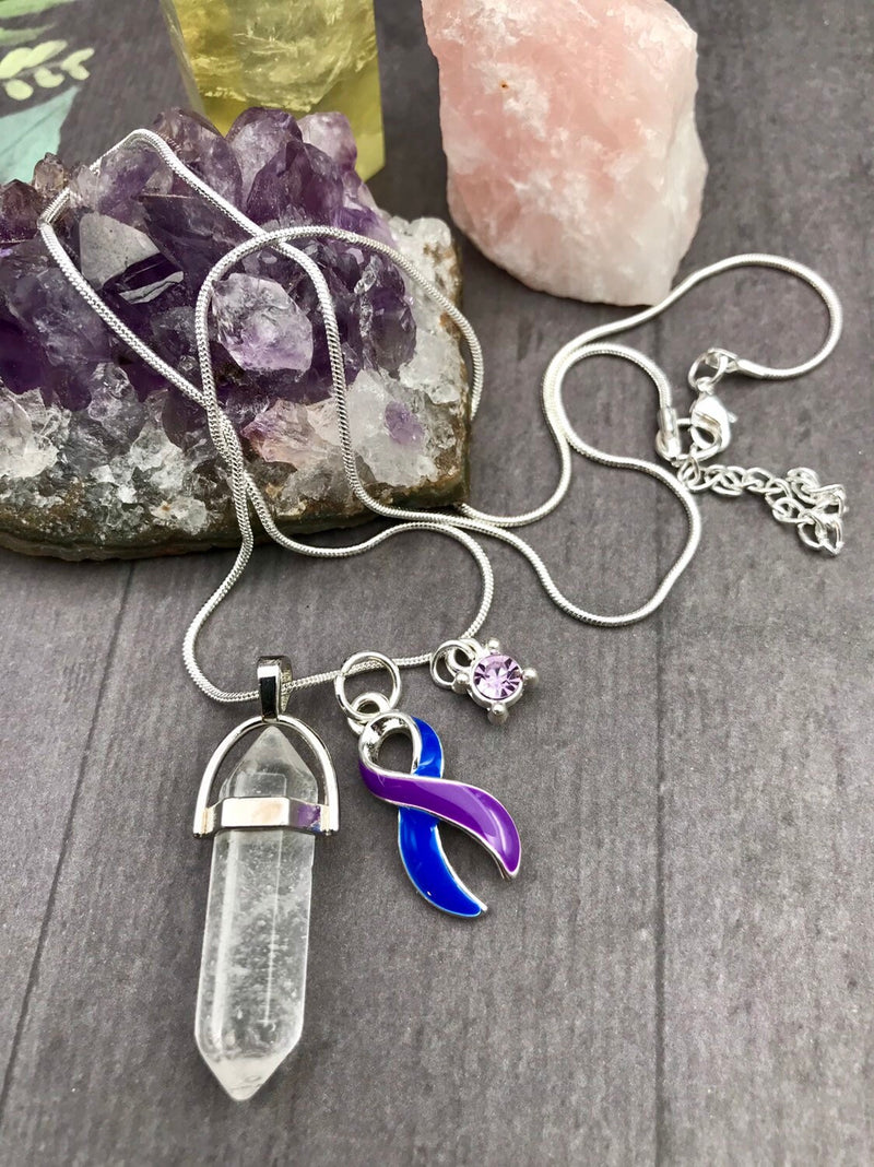 Blue & Purple Ribbon Healing Quartz Crystal Necklace - Rock Your Cause Jewelry