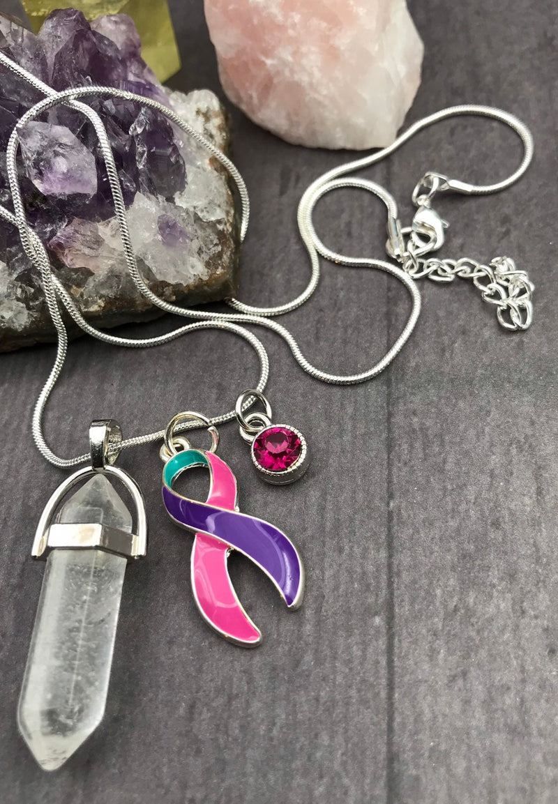 Pink Purple Teal (Thyroid Cancer) Ribbon Necklace - Healing Clear Quartz Crystal Pendant / Reiki - Rock Your Cause Jewelry