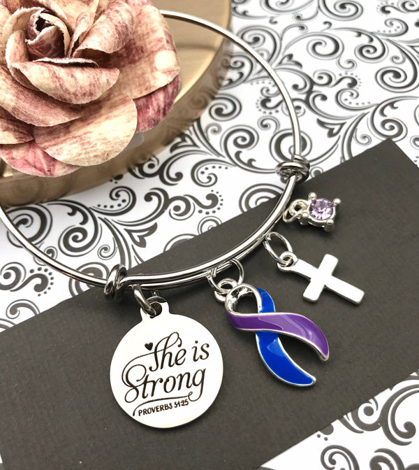 Blue & Purple Ribbon - She is Strong / Proverbs 34:25 Charm Bracelet - Rock Your Cause Jewelry