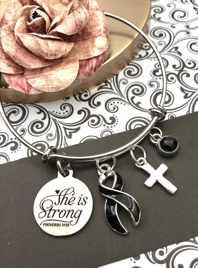 Black Ribbon Charm Bracelet - She Is Strong - Rock Your Cause Jewelry