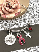 Burgundy Ribbon Charm Bracelet - She is Strong Proverbs 34:25 - Rock Your Cause Jewelry