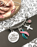 Pink & Teal (Previvor) Ribbon - She is Strong / Proverbs 34:25 / Charm Bracelet - Rock Your Cause Jewelry