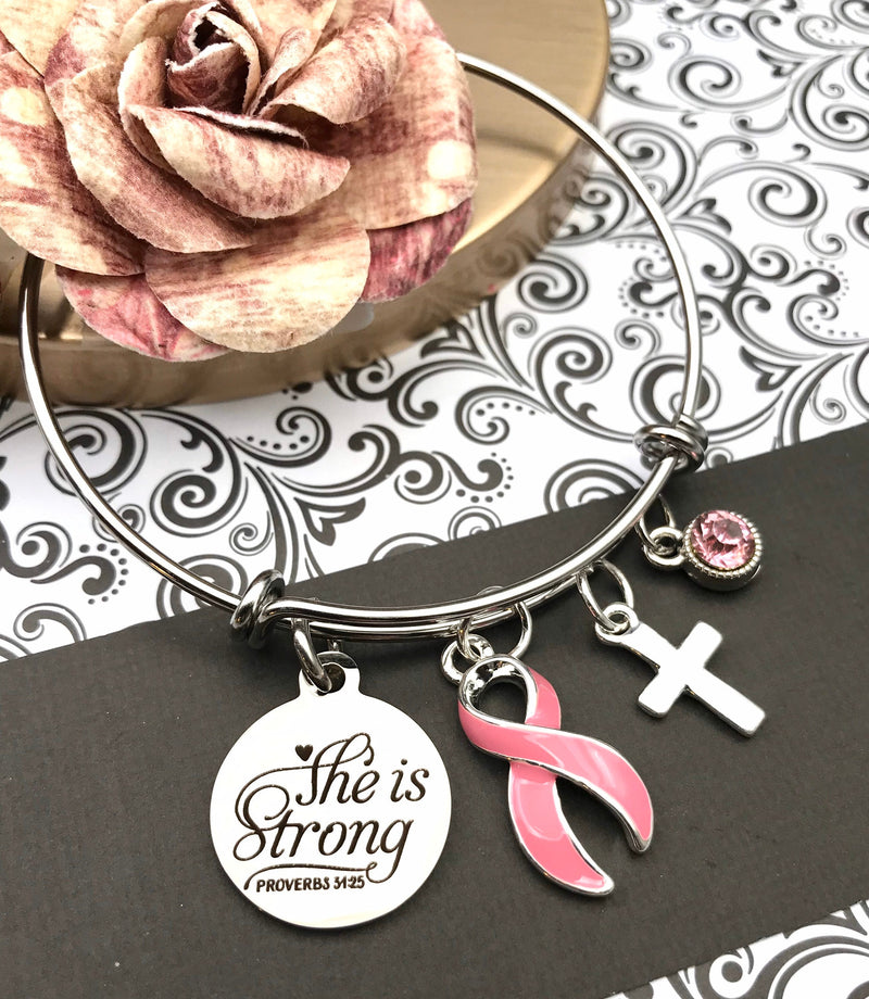 Pink Ribbon Charm Bracelet - She is Strong / Proverbs 34:25 - Rock Your Cause Jewelry