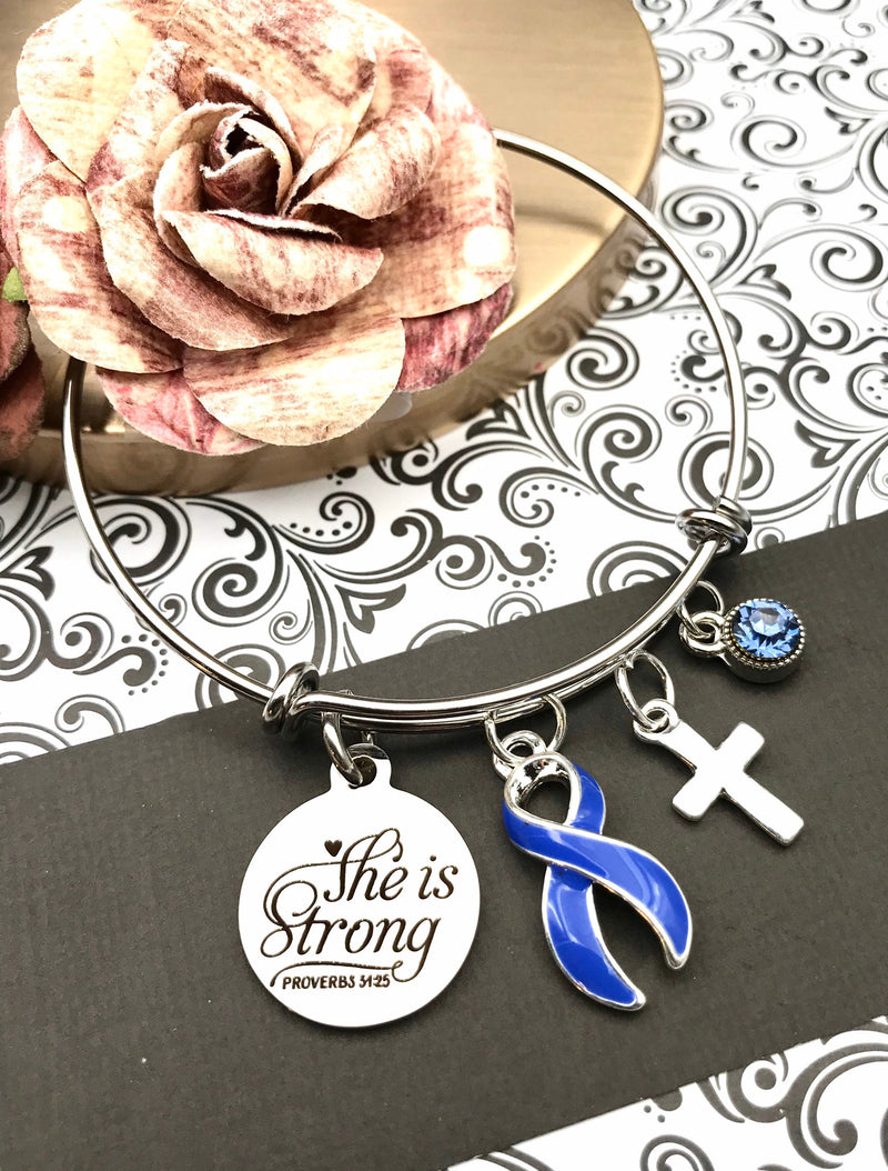Periwinkle Ribbon Charm Bracelet – She is Strong / Proverbs 34:25 - Rock Your Cause Jewelry