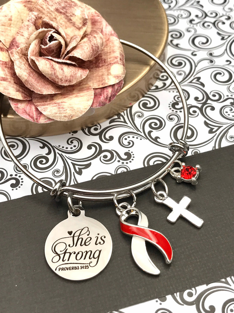 Red & White Ribbon Charm Bracelet - She is Strong / Proverbs 34:25 - Rock Your Cause Jewelry