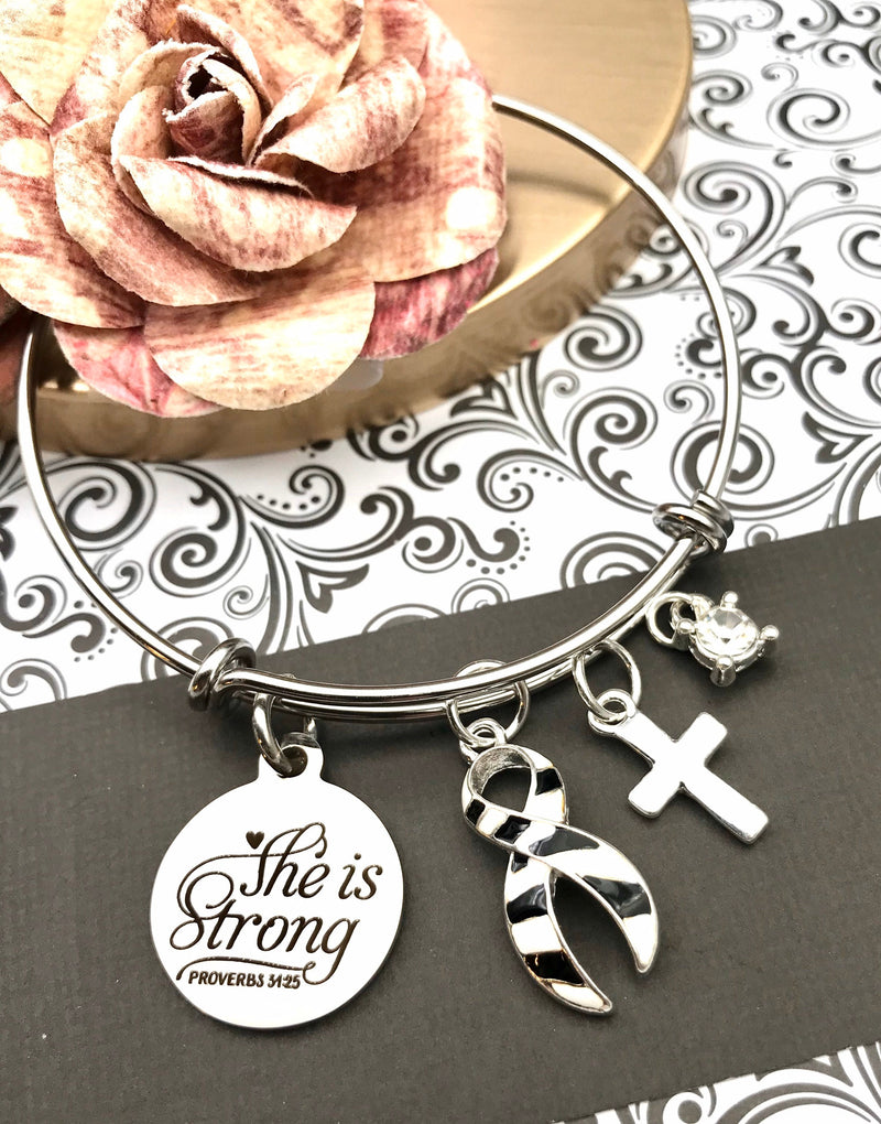 Zebra Ribbon Bracelet - She is Strong / Proverbs 34:25 - Rock Your Cause Jewelry