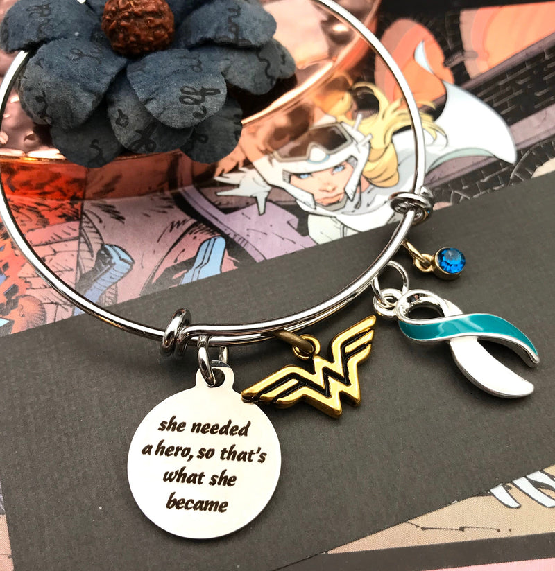 Teal & White Ribbon Bracelet - She Needed a Hero, So That's What She Became - Rock Your Cause Jewelry