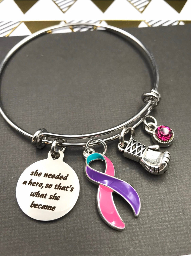 Pink Purple Teal (Thyroid) Ribbon Bracelet - She Needed a Hero, So That's What She Became - Rock Your Cause Jewelry