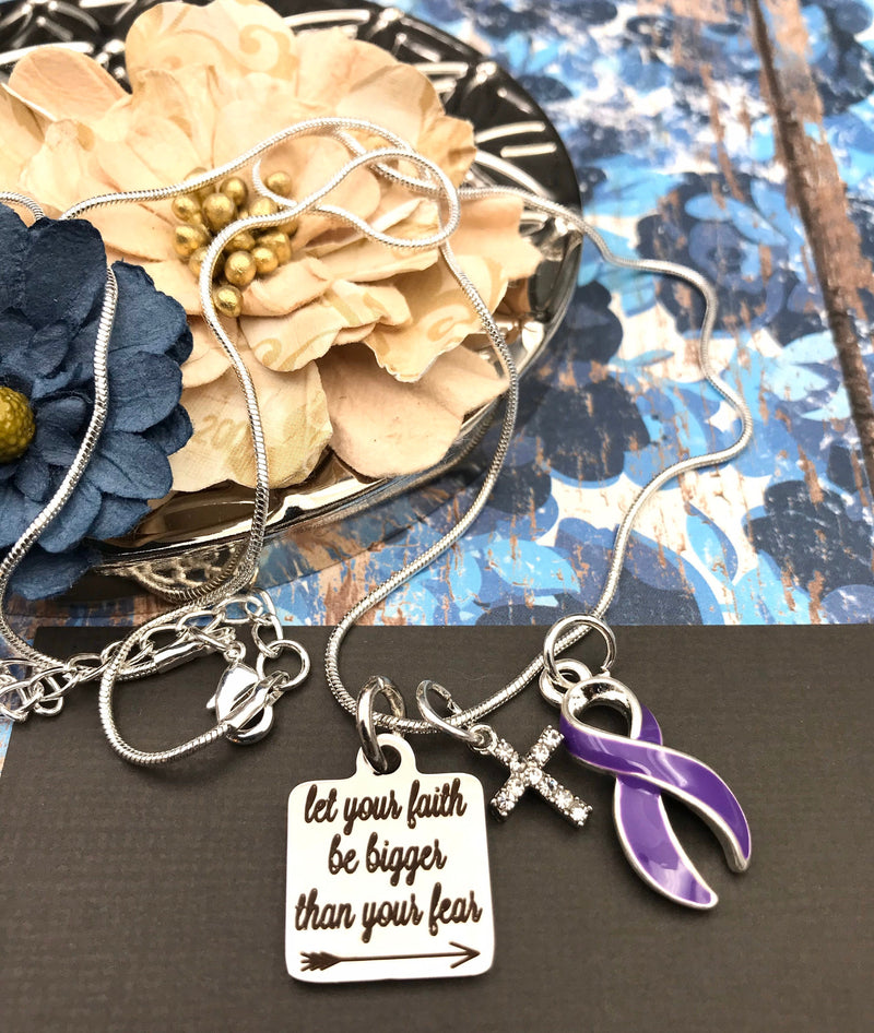 Purple Ribbon Necklace  - Let Your Faith be Bigger Than Your Fear - Rock Your Cause Jewelry
