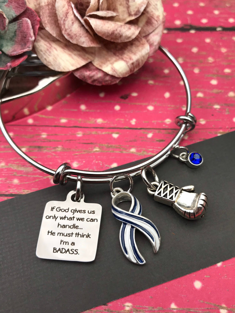ALS / Blue & White Striped Ribbon Charm Bracelet - If God Gives Us Only What We Can Handle ... He Must Think I'm A Badass - Rock Your Cause Jewelry