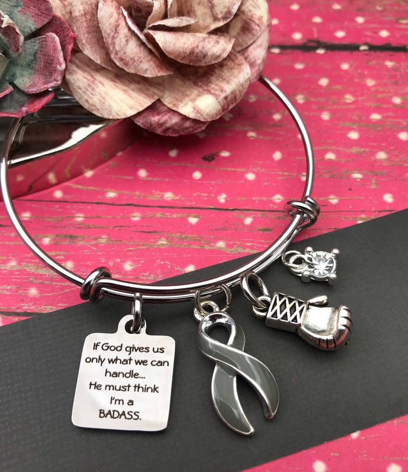 Gray (Grey) Ribbon Charm Bracelet - If God Gives Us Only What We Can Handle... He Must Think I'm a Badass - Rock Your Cause Jewelry