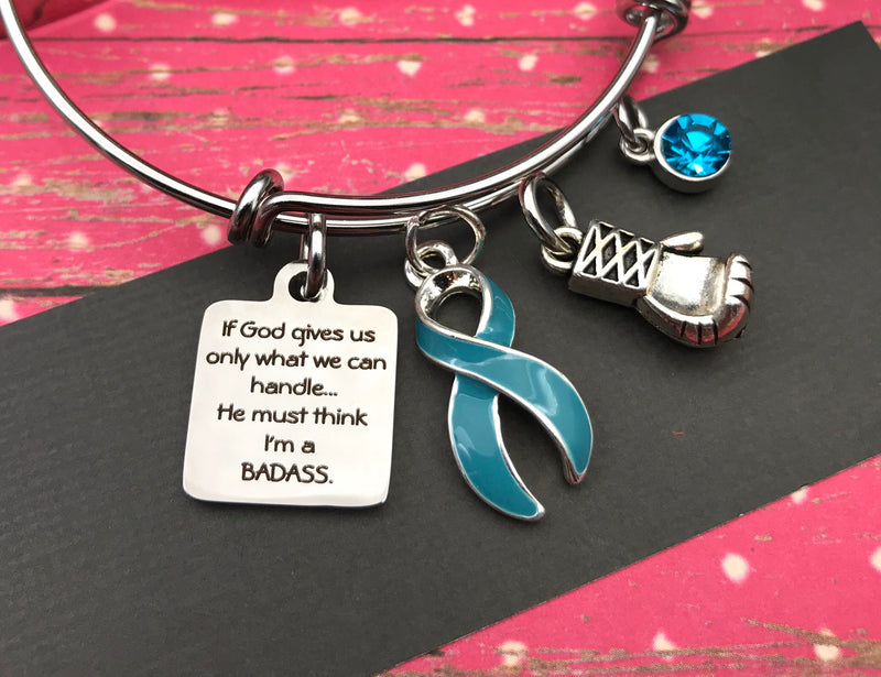 Light Blue Ribbon Charm Bracelet - If God Gives Us Only What We Can Handle ... He Must Think I'm a Badass - Rock Your Cause Jewelry