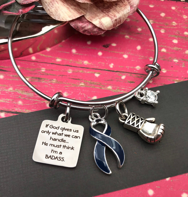 Dark Navy Blue Ribbon Charm Bracelet - If God Gives Us Only What We Can Handle, He Must Think I'm A Badass - Rock Your Cause Jewelry