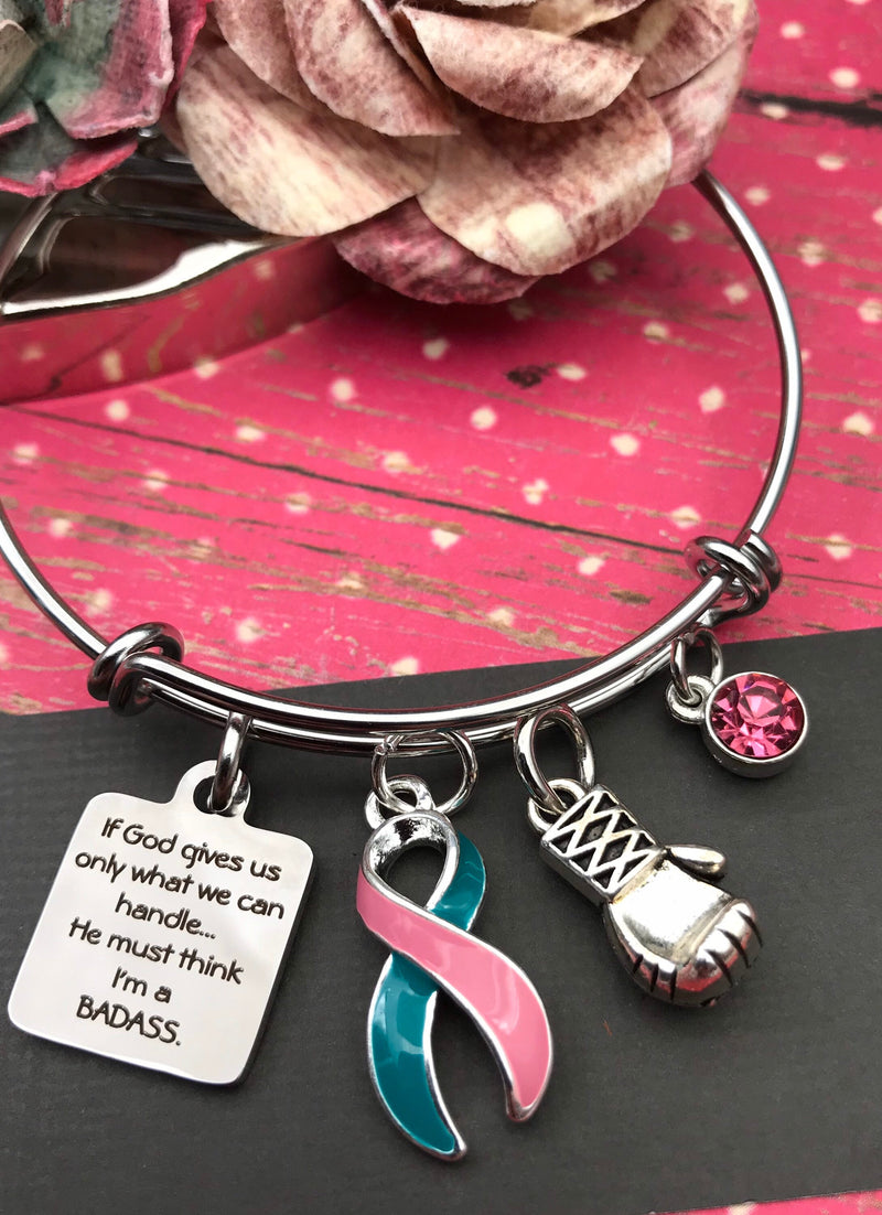 Pink & Teal (Previvor) Ribbon Charm - If God Gives Us Only What We Can Handle, He Must Think I'm A Badass - Rock Your Cause Jewelry