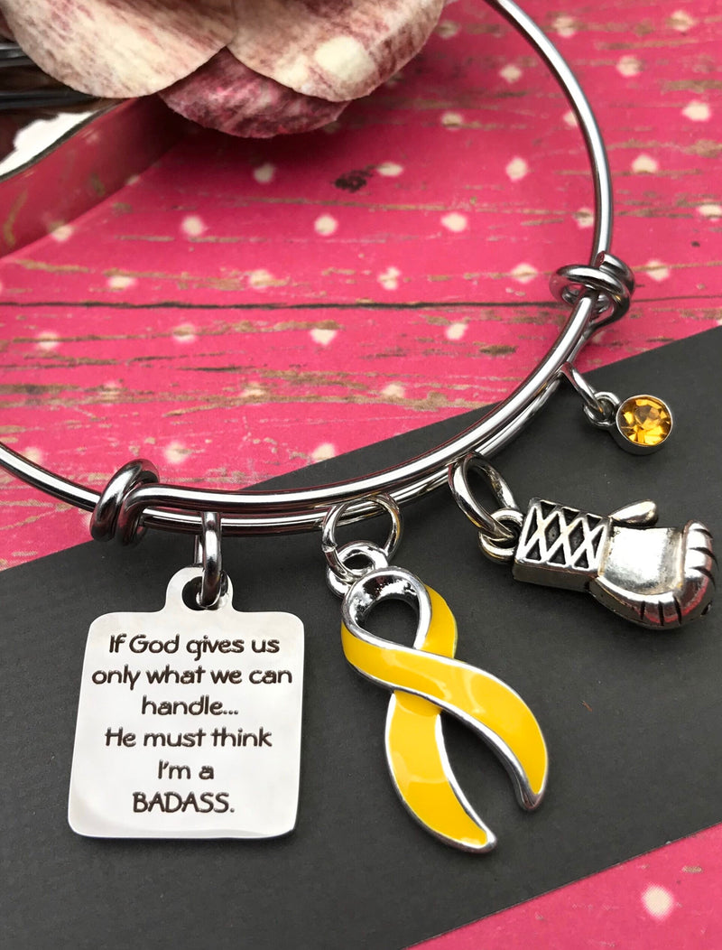 Yellow Ribbon Charm Bracelet - If God gives Us Only What We Can Handle ... He Must Think I'm a Badass - Rock Your Cause Jewelry