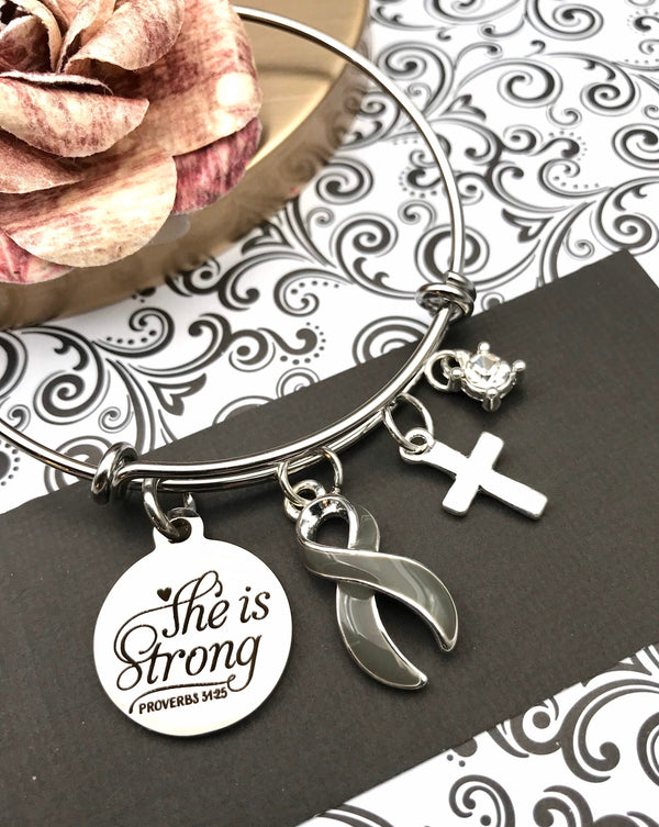 Gray (Grey) Ribbon Charm Bracelet - She is Strong / Proverbs 34:25 - Rock Your Cause Jewelry