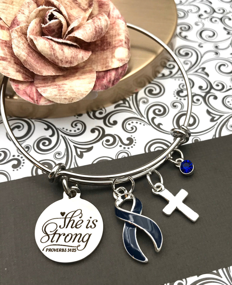 Dark Navy Blue Ribbon Charm Bracelet - She Is Strong - Rock Your Cause Jewelry