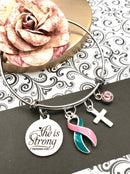 Pink & Teal (Previvor) Ribbon - She is Strong / Proverbs 34:25 / Charm Bracelet - Rock Your Cause Jewelry