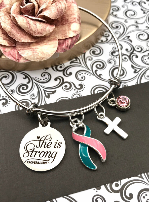 Pink & Teal (Previvor) Ribbon - She is Strong / Proverbs 34:25 / Charm Bracelet - Rock Your Cause Jewelry