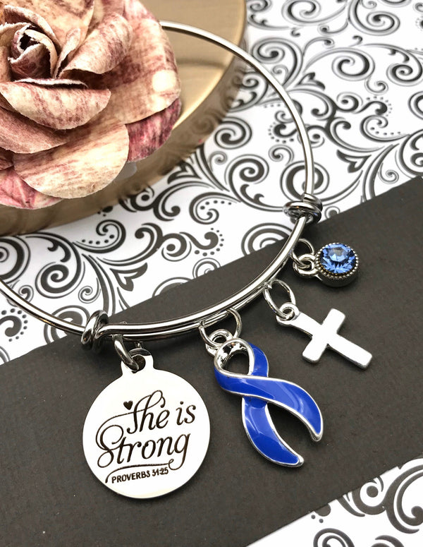 Periwinkle Ribbon Charm Bracelet – She is Strong / Proverbs 34:25 - Rock Your Cause Jewelry