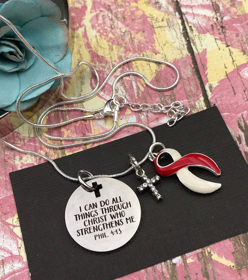 Red & White Ribbon Necklace - I Can Do All Things Through Christ Who Strengthens Me - Rock Your Cause Jewelry