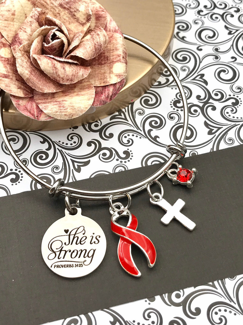 Red Ribbon Charm Bracelet - She is Strong / Proverbs 34:25 - Rock Your Cause Jewelry