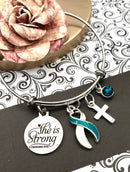 Teal & White Ribbon Charm Bracelet - She is Strong / Proverbs 34:25 - Rock Your Cause Jewelry