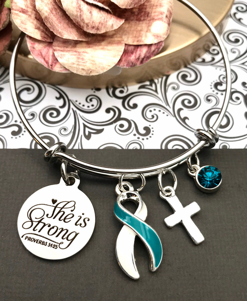 Teal & White Ribbon Charm Bracelet - She is Strong / Proverbs 34:25 - Rock Your Cause Jewelry