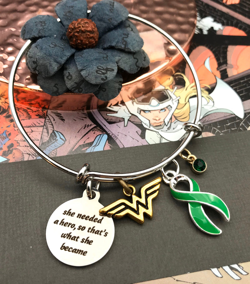 Green Ribbon Charm Bracelet - She Needed a Hero So That's What She Became - Rock Your Cause Jewelry